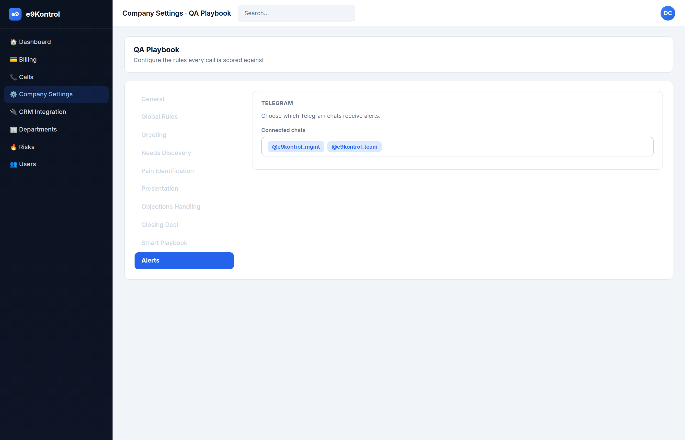Company Settings — Alerts tab