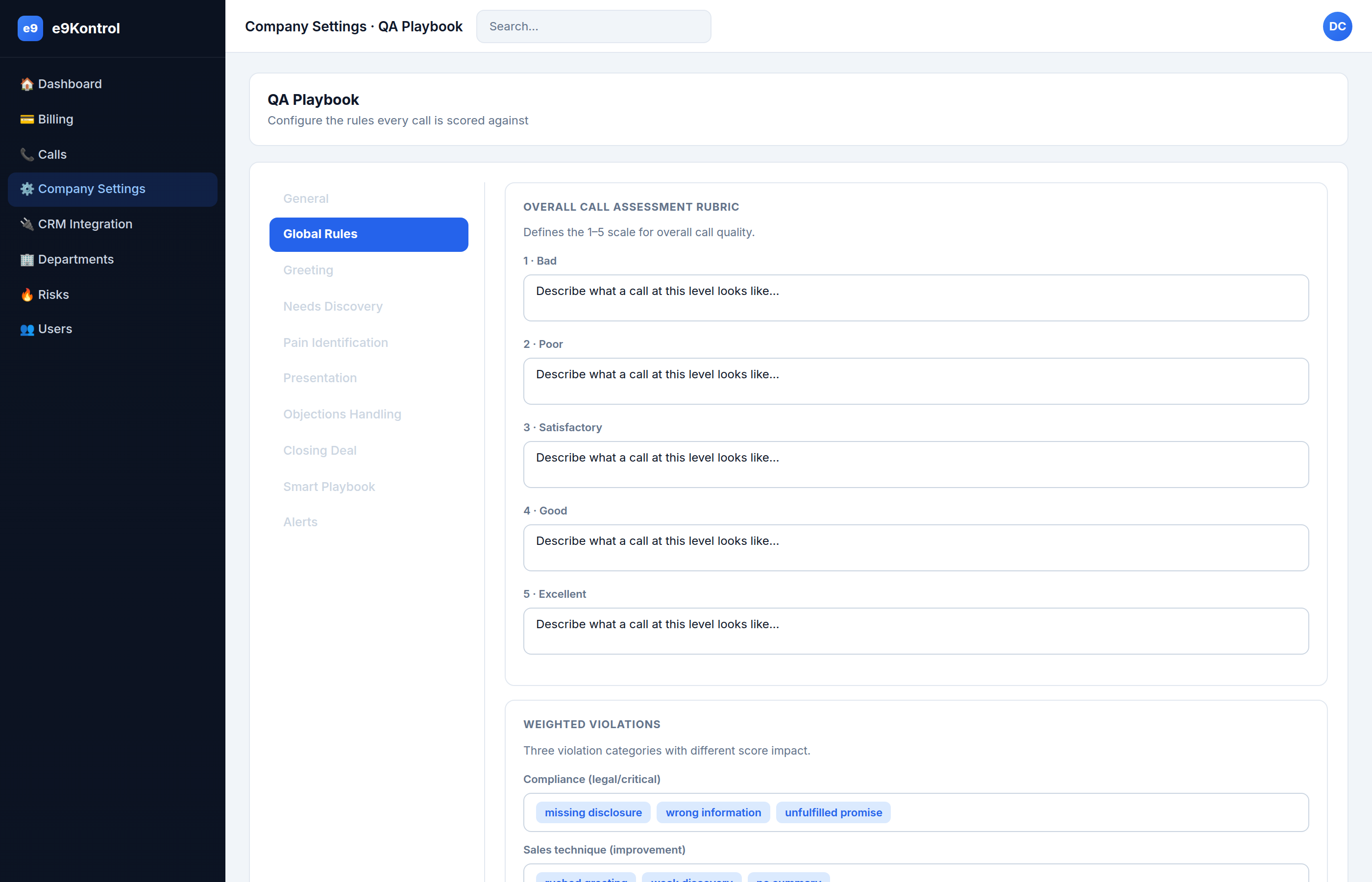 Company Settings — Global Rules tab