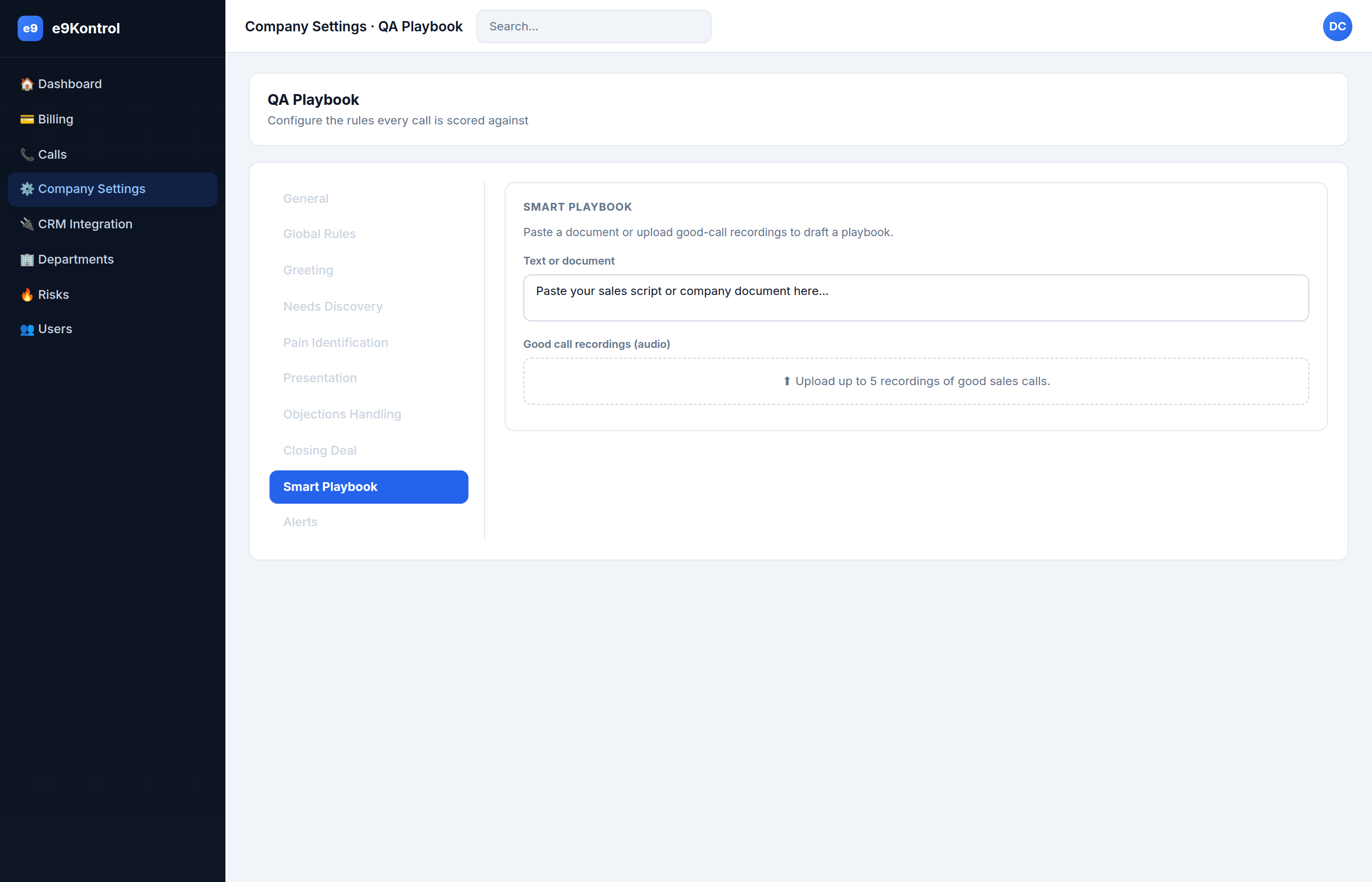 Company Settings — Smart Playbook tab